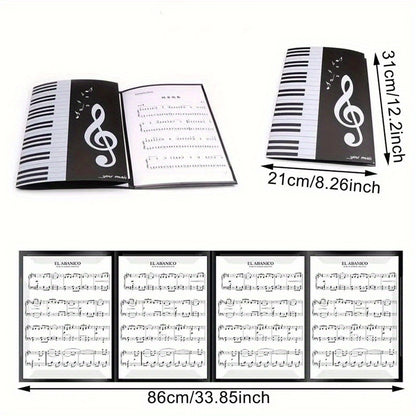 6-Page A4 music sheet holder featuring a black 3-fold PP plastic design with piano keys and musical notes. Ideal for band performances, teachers, and master classes. Great music gift.