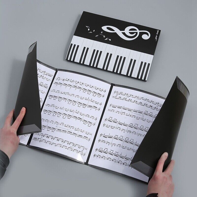 6-Page A4 music sheet holder featuring a black 3-fold PP plastic design with piano keys and musical notes. Ideal for band performances, teachers, and master classes. Great music gift.