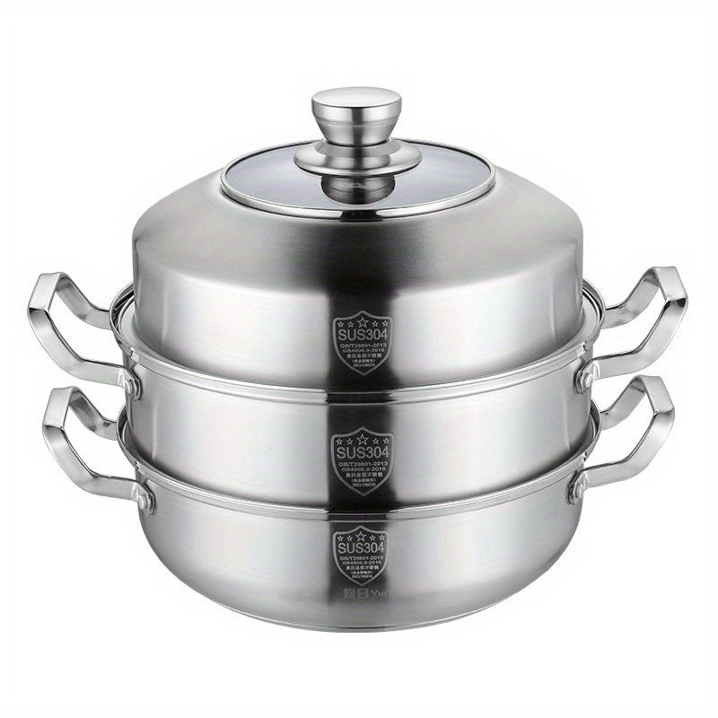 Stainless Steel Steamer Pot with Lid - High-Quality 3-Layer Design, Versatile, Easy to Clean, Ideal for Home Kitchen or Professional Restaurant Cooking