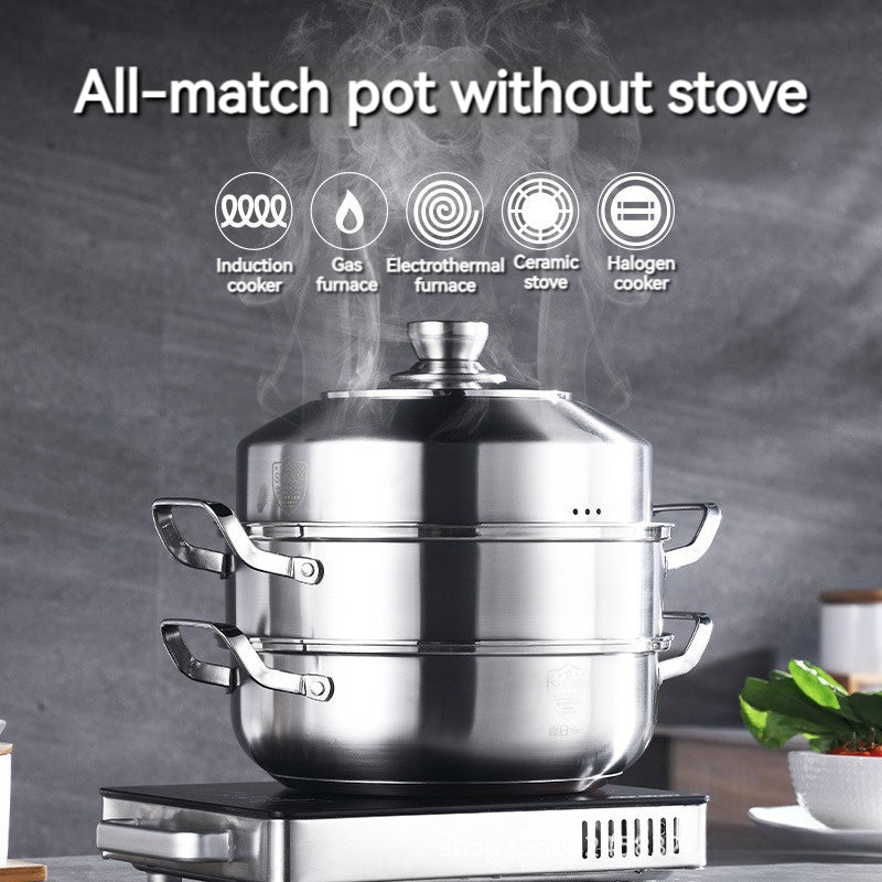 Stainless Steel Steamer Pot with Lid - High-Quality 3-Layer Design, Versatile, Easy to Clean, Ideal for Home Kitchen or Professional Restaurant Cooking