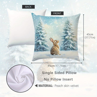 Single Winter Pine Trees Snowy Rabbit Velvet Throw Pillow Cover, 44.98x44.98 cm, Single-Sided Print, Allergy-Free Polyester, Machine Washable, Zipper Closure, Contemporary Style for Home Comfort Decor.