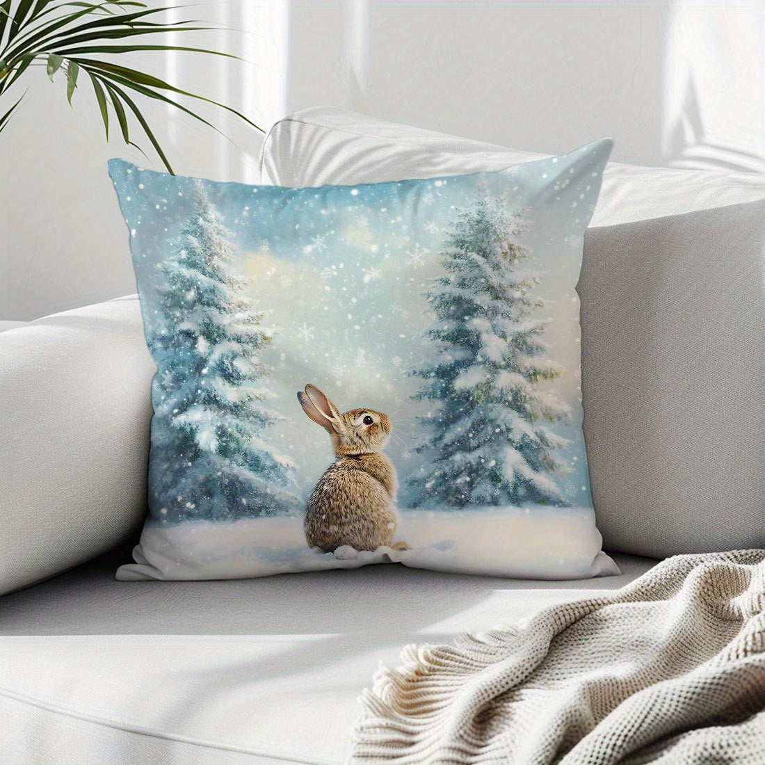 Single Winter Pine Trees Snowy Rabbit Velvet Throw Pillow Cover, 44.98x44.98 cm, Single-Sided Print, Allergy-Free Polyester, Machine Washable, Zipper Closure, Contemporary Style for Home Comfort Decor.