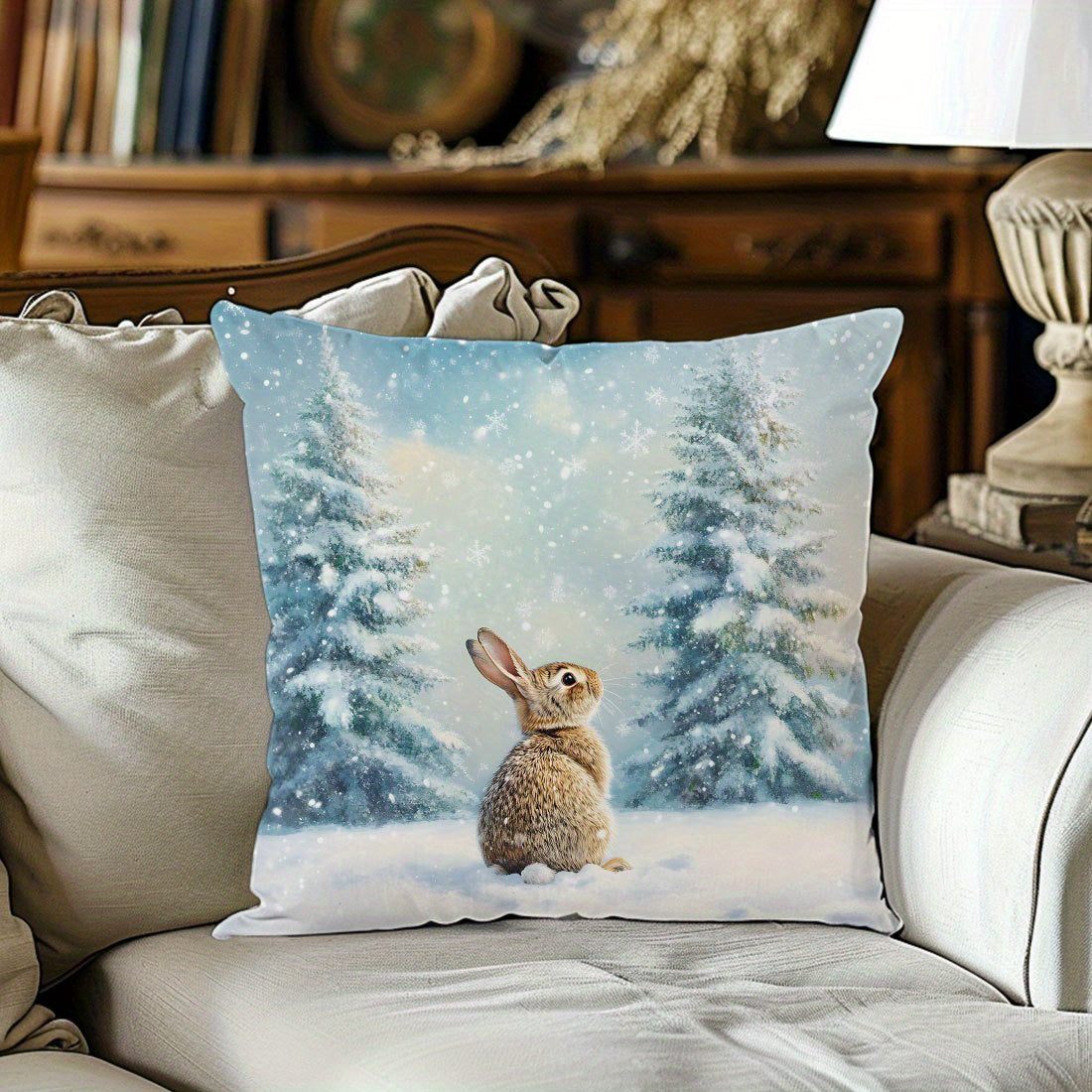 Single Winter Pine Trees Snowy Rabbit Velvet Throw Pillow Cover, 44.98x44.98 cm, Single-Sided Print, Allergy-Free Polyester, Machine Washable, Zipper Closure, Contemporary Style for Home Comfort Decor.