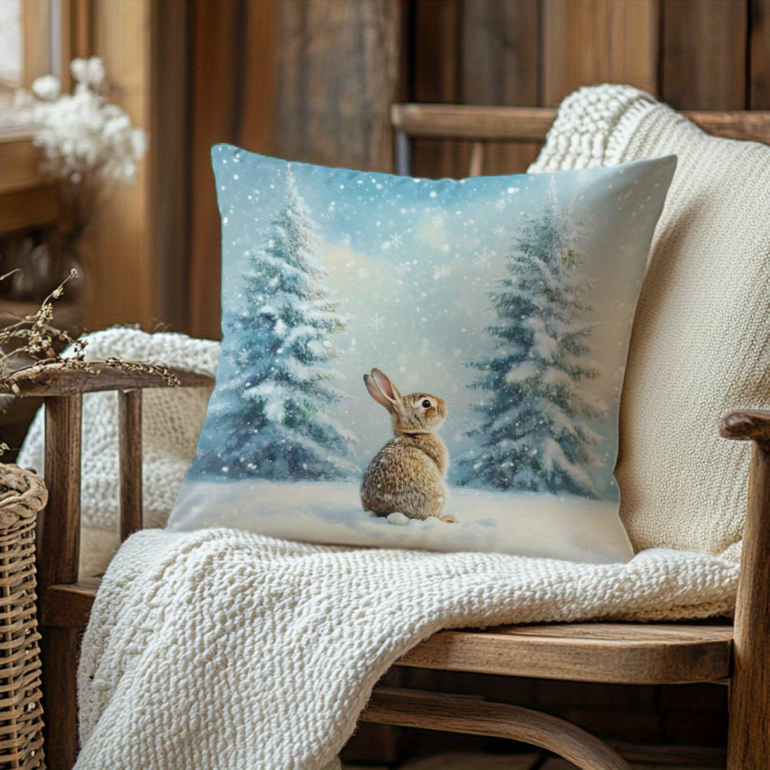 Single Winter Pine Trees Snowy Rabbit Velvet Throw Pillow Cover, 44.98x44.98 cm, Single-Sided Print, Allergy-Free Polyester, Machine Washable, Zipper Closure, Contemporary Style for Home Comfort Decor.