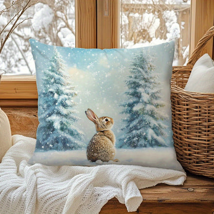 Single Winter Pine Trees Snowy Rabbit Velvet Throw Pillow Cover, 44.98x44.98 cm, Single-Sided Print, Allergy-Free Polyester, Machine Washable, Zipper Closure, Contemporary Style for Home Comfort Decor.