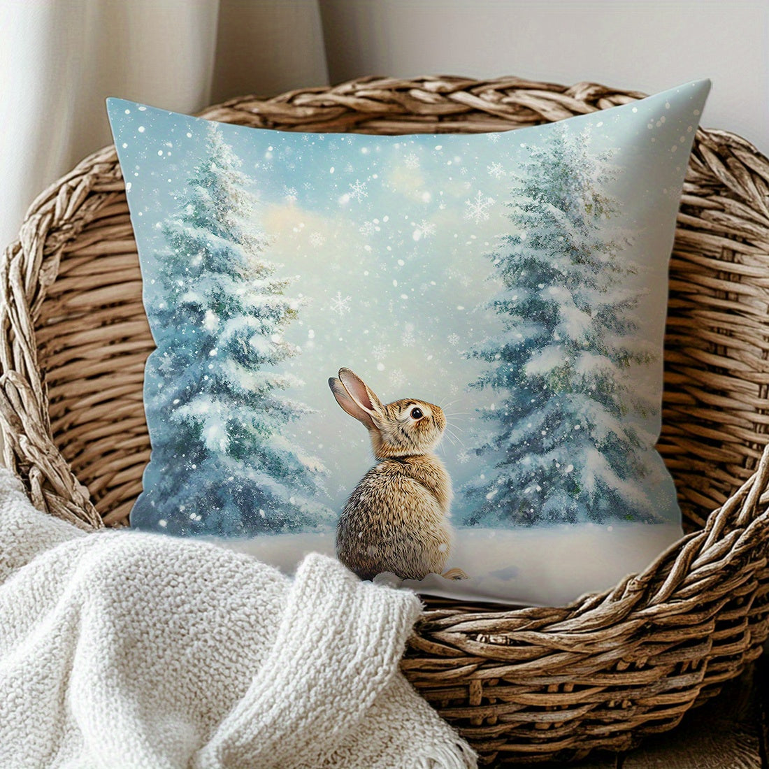 Single Winter Pine Trees Snowy Rabbit Velvet Throw Pillow Cover, 44.98x44.98 cm, Single-Sided Print, Allergy-Free Polyester, Machine Washable, Zipper Closure, Contemporary Style for Home Comfort Decor.