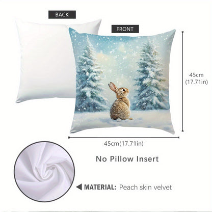 Single Winter Pine Trees Snowy Rabbit Velvet Throw Pillow Cover, 44.98x44.98 cm, Single-Sided Print, Allergy-Free Polyester, Machine Washable, Zipper Closure, Contemporary Style for Home Comfort Decor.