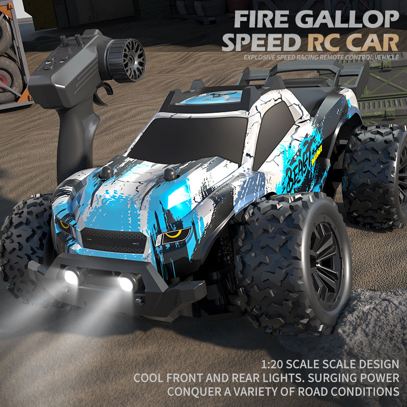 ZLL SG318 PRO 1:20 Scale High-Speed RC Car with "BEAST MINI" Design, 20km/h Off-Road Monster Truck, Durable Blue and Black. Features include 2.4G Remote Control, USB Rechargeable Battery