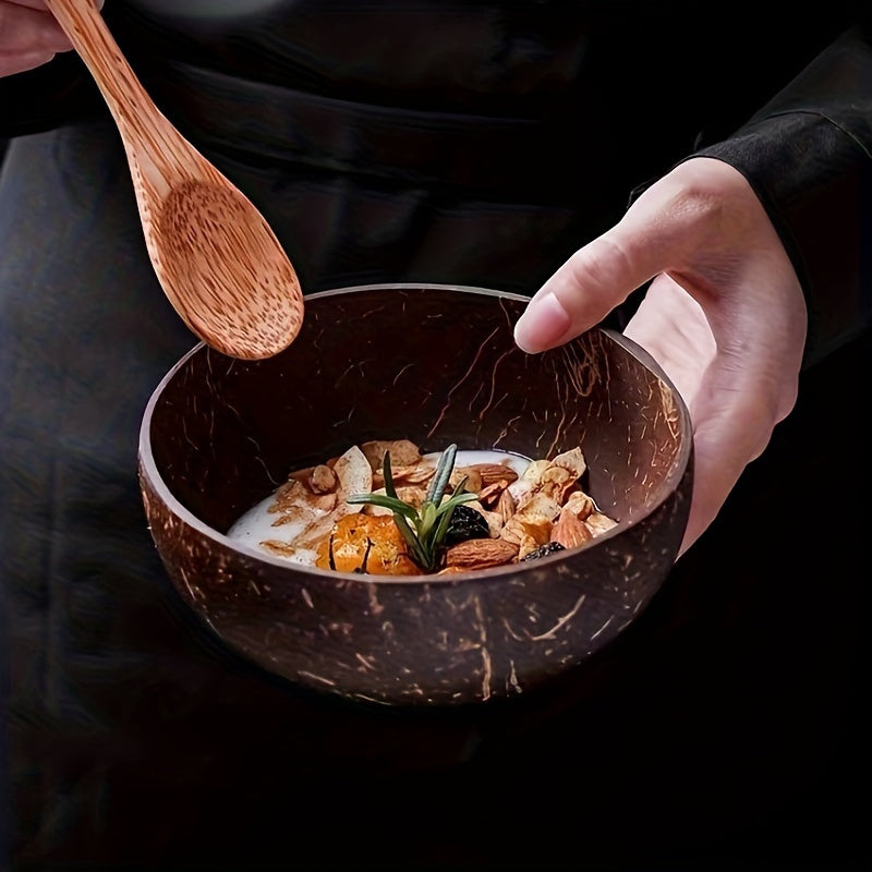 Set of 1 Handmade Coconut Shell Bowl with Wooden Spoon - Uncharged, Softwood Material, Great for Salads, Fruits & Cereals