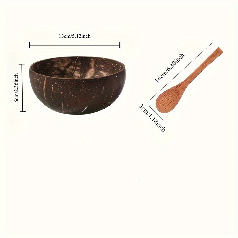 Set of two handcrafted coconut shell salad bowls with matching wooden spoons - Eco-friendly and ideal for serving salads, fruits, and cereals