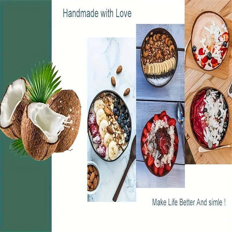 Set of two handcrafted coconut shell salad bowls with matching wooden spoons - Eco-friendly and ideal for serving salads, fruits, and cereals