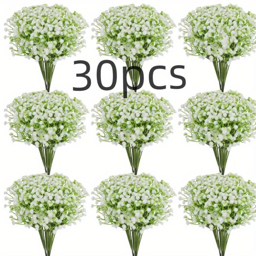 30 Artificial Baby's Breath Flowers for various occasions such as Thanksgiving, weddings, birthdays, and office and holiday décor.