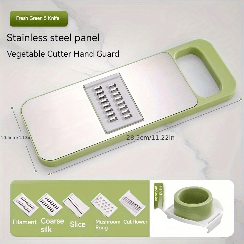 The stainless steel multifunctional vegetable slicer set includes seven pieces with five cutting heads. This versatile tool is perfect for slicing potatoes, cucumbers, and other vegetables. A must-have kitchen essential for effortlessly slicing and