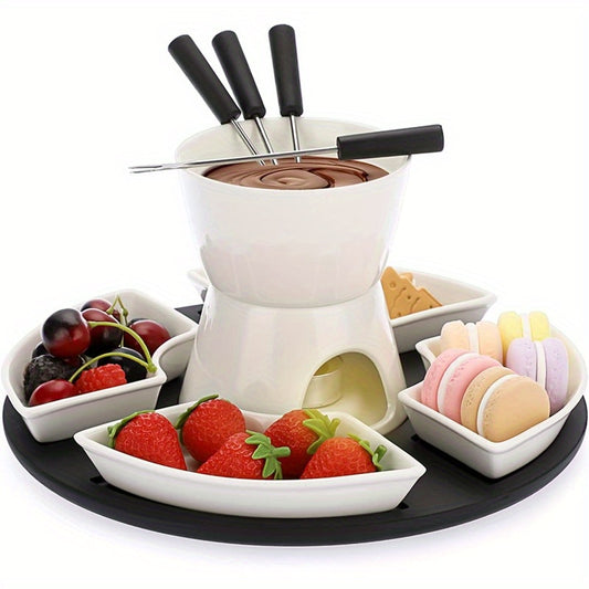 Ceramic fondue set for melting cheese, chocolate, butter, and caramel, includes 4 forks and dishes.