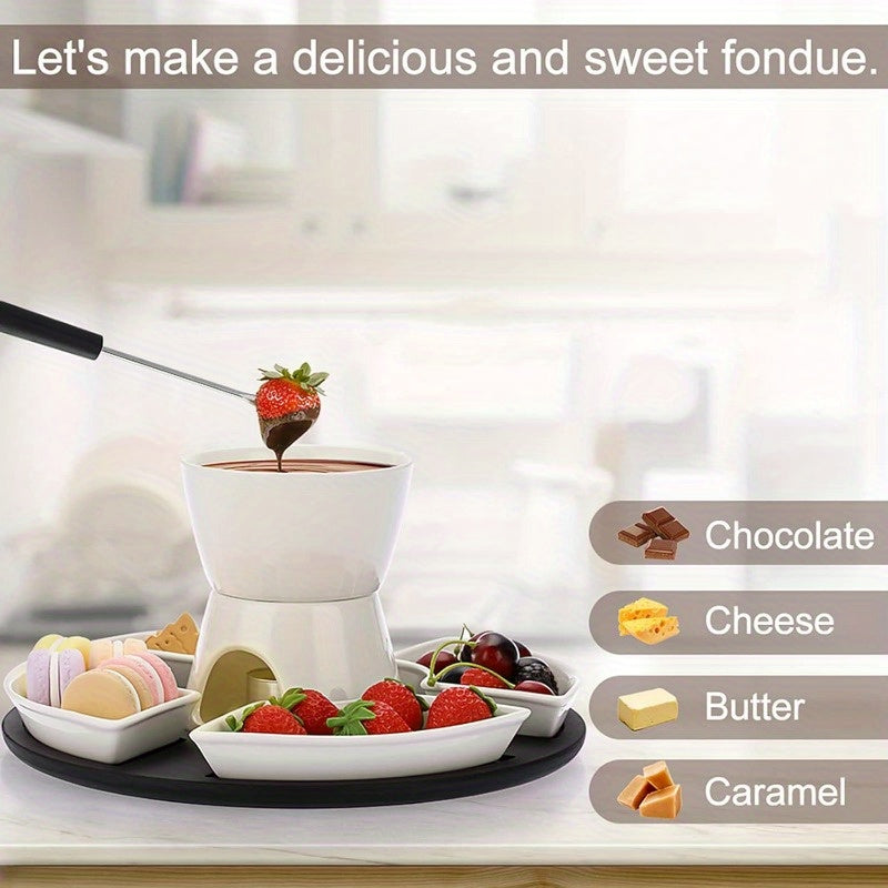 Ceramic fondue set for melting cheese, chocolate, butter, and caramel, includes 4 forks and dishes.