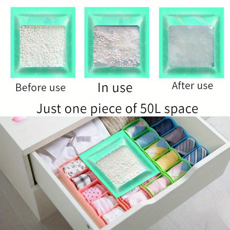 Moisture Absorber Bags for Wardrobes - Set of 10, Drawer Style for Preventing Mold and Dampness in Closets, Shoes Boxes, and Storage Areas.