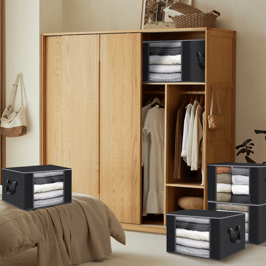 Set of 4 large capacity foldable fabric storage boxes - durable, collapsible bags for clothes, blankets & linens. Ideal for bedroom, closet, dorm, and spa use.