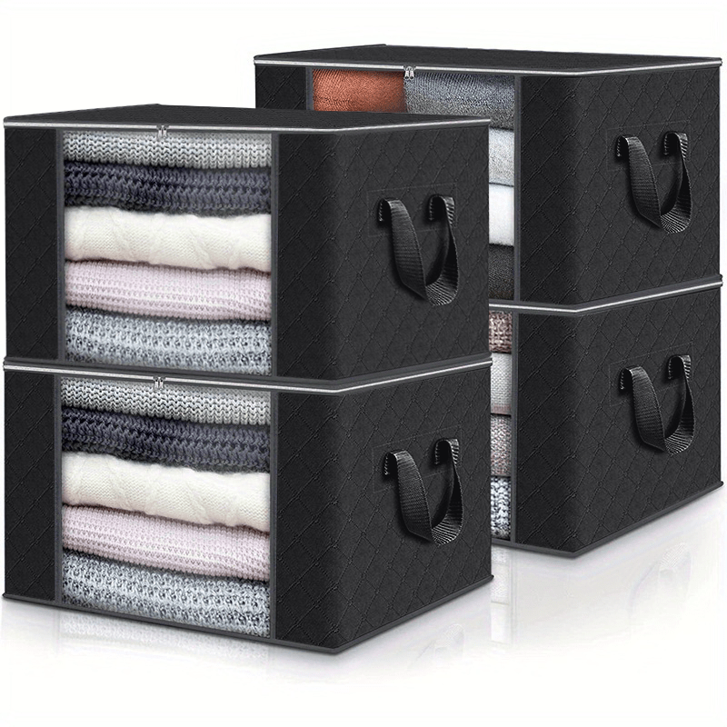 Set of 4 large capacity foldable fabric storage boxes - durable, collapsible bags for clothes, blankets & linens. Ideal for bedroom, closet, dorm, and spa use.