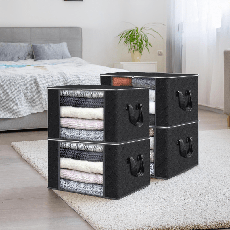 Set of 4 large capacity foldable fabric storage boxes - durable, collapsible bags for clothes, blankets & linens. Ideal for bedroom, closet, dorm, and spa use.