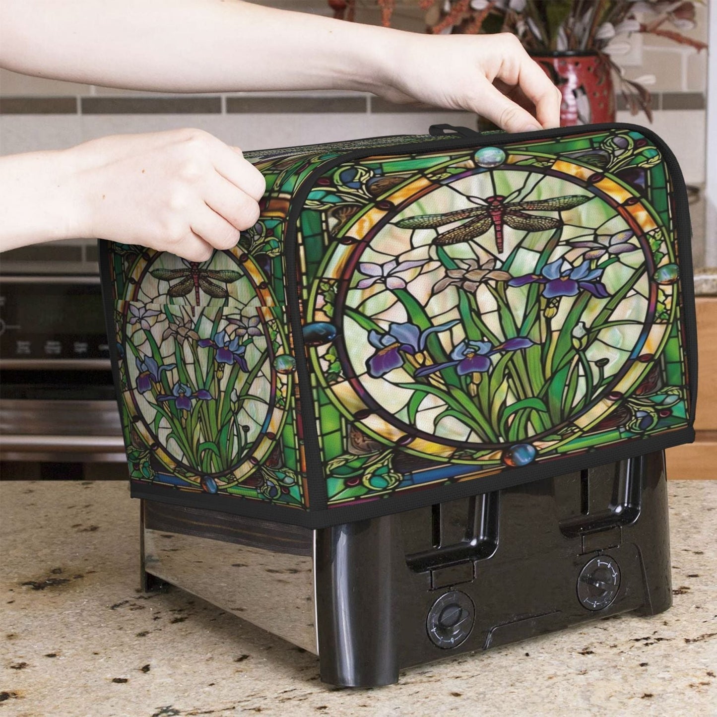 Dragonfly Stained Glass Design Toaster Cover - Chic 2-Slice Protector for Kitchen Appliances, Dustproof and Anti-Fingerprint, Ideal Gift for Women