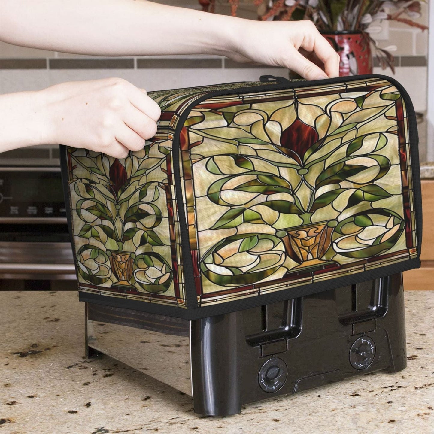 Protect your 2-slice bread toaster with this elegant Art Nouveau stained glass pattern toaster cover. Made from washable polyester, it is dust and fingerprint resistant, keeping your toaster looking clean and stylish in your kitchen decor.