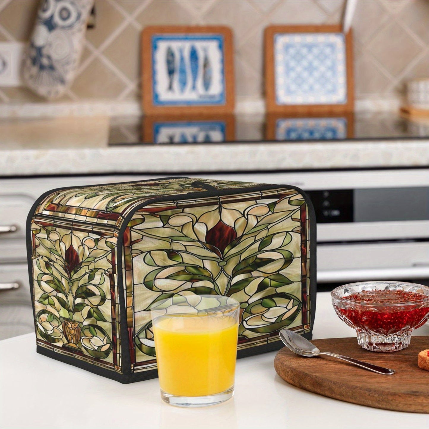 Protect your 2-slice bread toaster with this elegant Art Nouveau stained glass pattern toaster cover. Made from washable polyester, it is dust and fingerprint resistant, keeping your toaster looking clean and stylish in your kitchen decor.