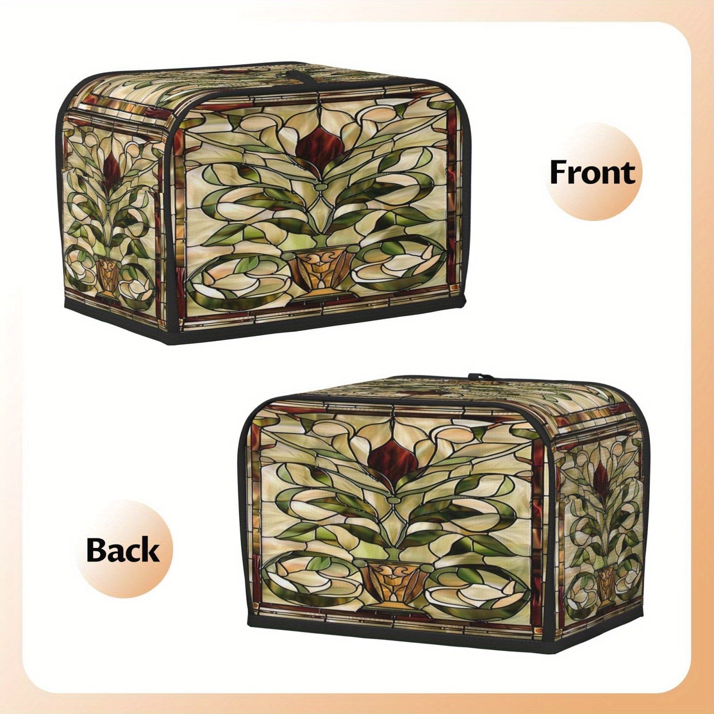 Protect your 2-slice bread toaster with this elegant Art Nouveau stained glass pattern toaster cover. Made from washable polyester, it is dust and fingerprint resistant, keeping your toaster looking clean and stylish in your kitchen decor.