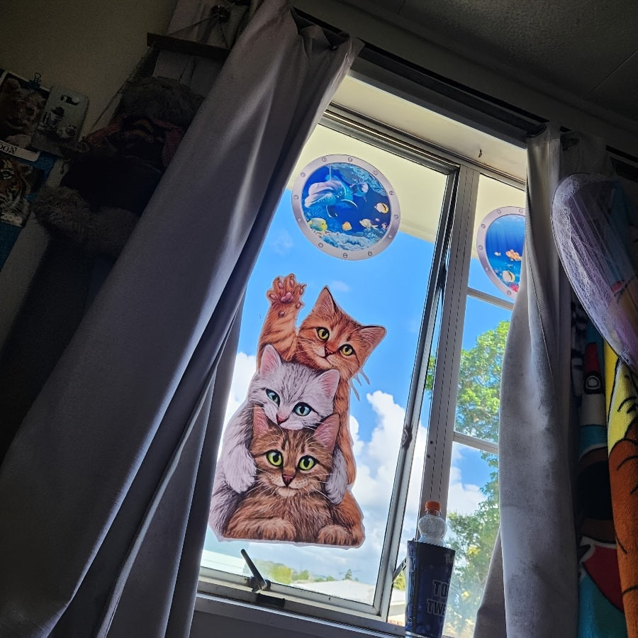 Window sticker featuring 3 adorable cats - timeless animal print, made of sturdy plastic for decorating living room or office