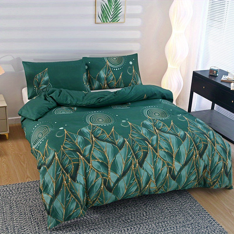 Geometric floral duvet set with zipper closure and 2 pillowcases. Made of soft polyester with breathable weave. Machine washable for all-season comfort.