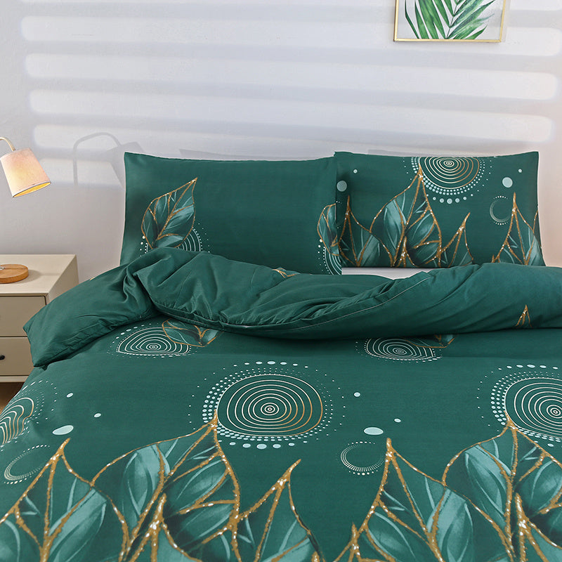 Geometric floral duvet set with zipper closure and 2 pillowcases. Made of soft polyester with breathable weave. Machine washable for all-season comfort.