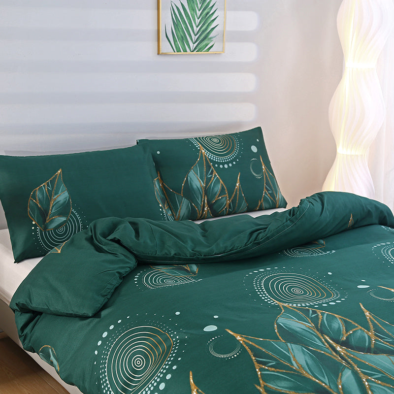 Geometric floral duvet set with zipper closure and 2 pillowcases. Made of soft polyester with breathable weave. Machine washable for all-season comfort.