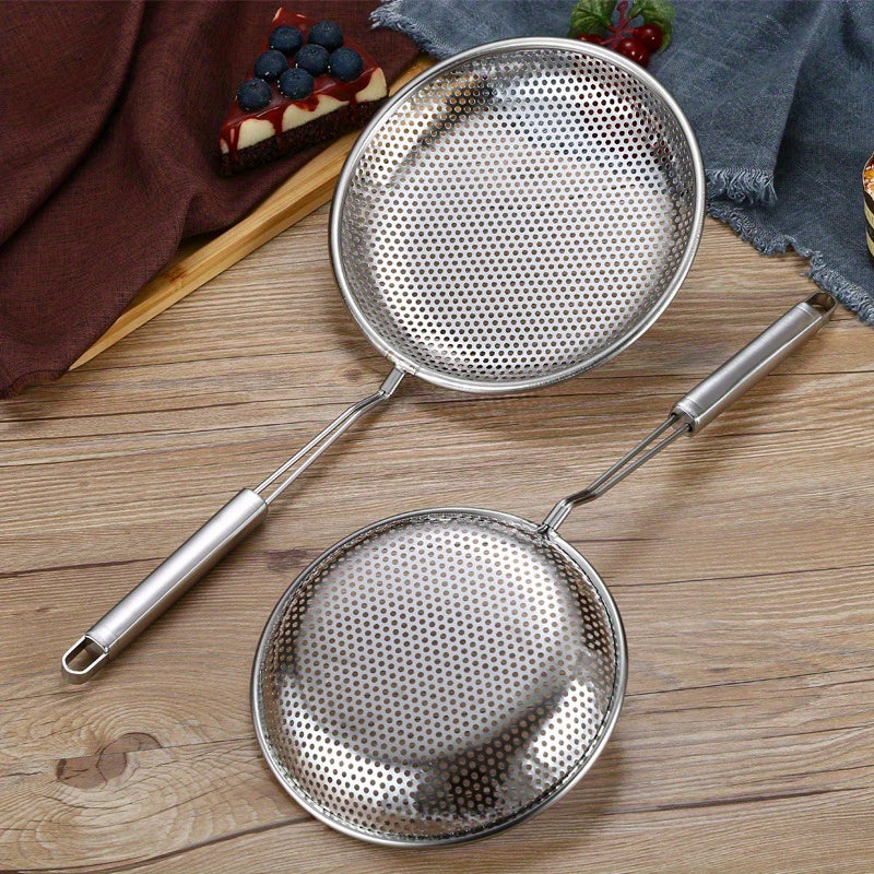 Set of stainless steel colanders - Hanging strainers in multiple sizes for draining, frying, and cooking - Strong metal slotted serving spoons with flat bases