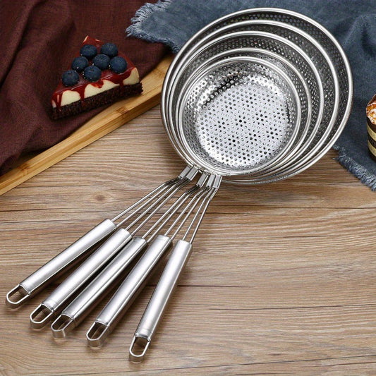 Set of stainless steel colanders - Hanging strainers in multiple sizes for draining, frying, and cooking - Strong metal slotted serving spoons with flat bases