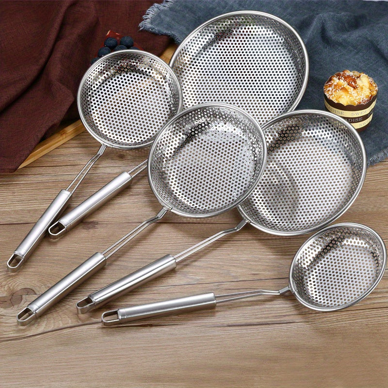 Set of stainless steel colanders - Hanging strainers in multiple sizes for draining, frying, and cooking - Strong metal slotted serving spoons with flat bases