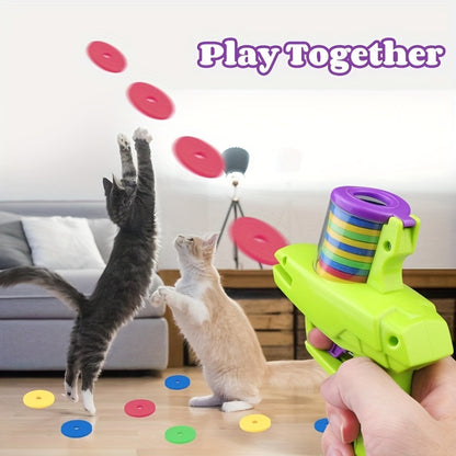 Interactive cat toy launcher with plaid pattern, durable plastic, foam discs included, battery-free fun for pets.