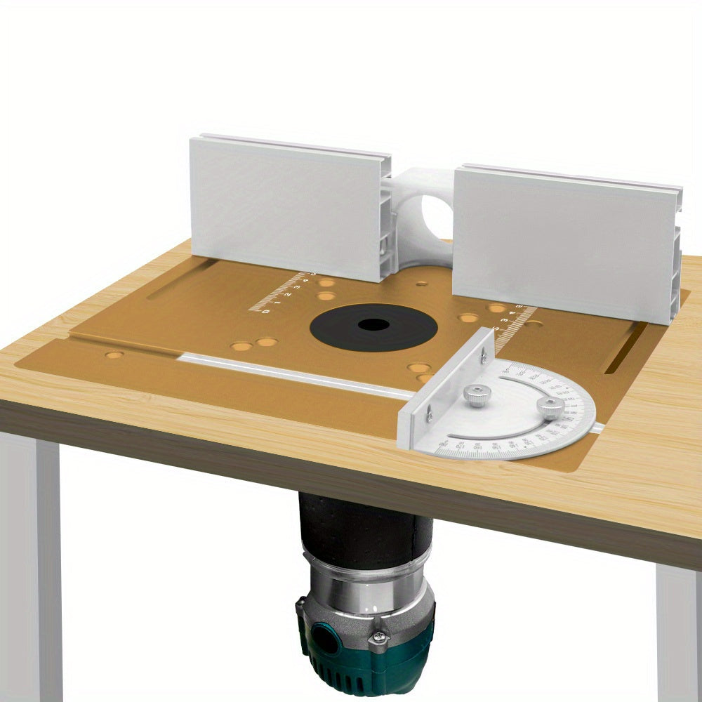 Aluminum router table insert plate with miter gauge for woodworking projects, tool kit not needed.