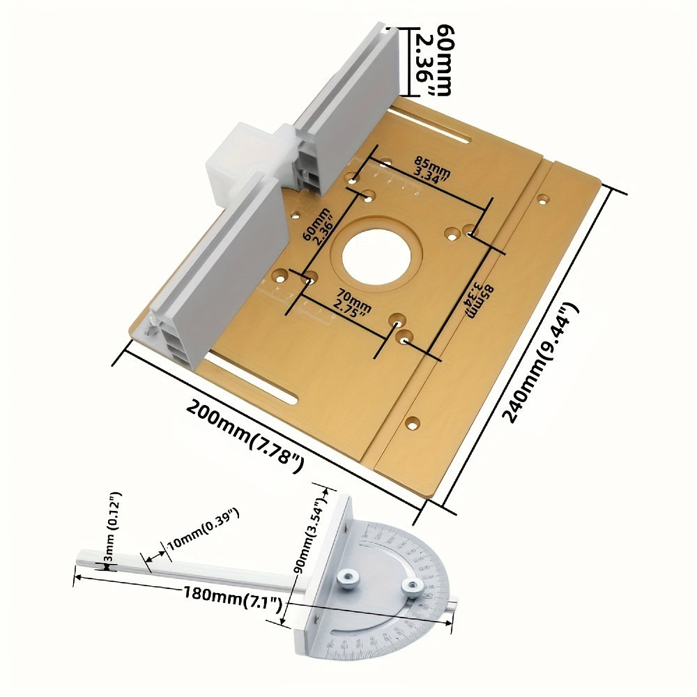 Aluminum router table insert plate with miter gauge for woodworking projects, tool kit not needed.