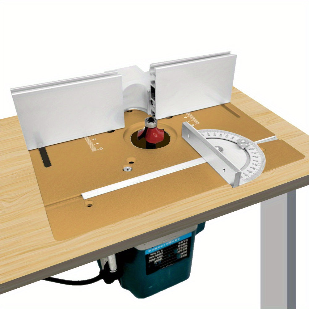 Aluminum router table insert plate with miter gauge for woodworking projects, tool kit not needed.