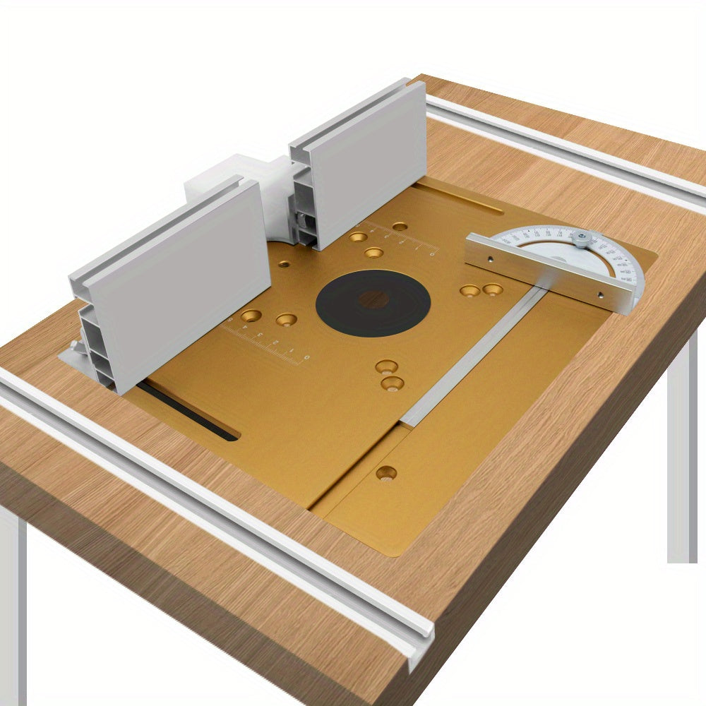 Aluminum router table insert plate with miter gauge for woodworking projects, tool kit not needed.