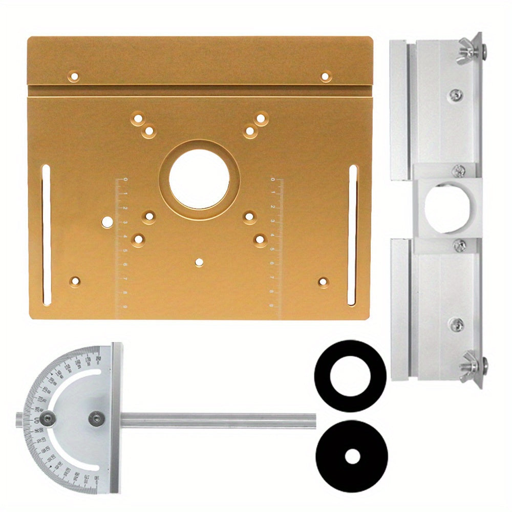 Aluminum router table insert plate with miter gauge for woodworking projects, tool kit not needed.