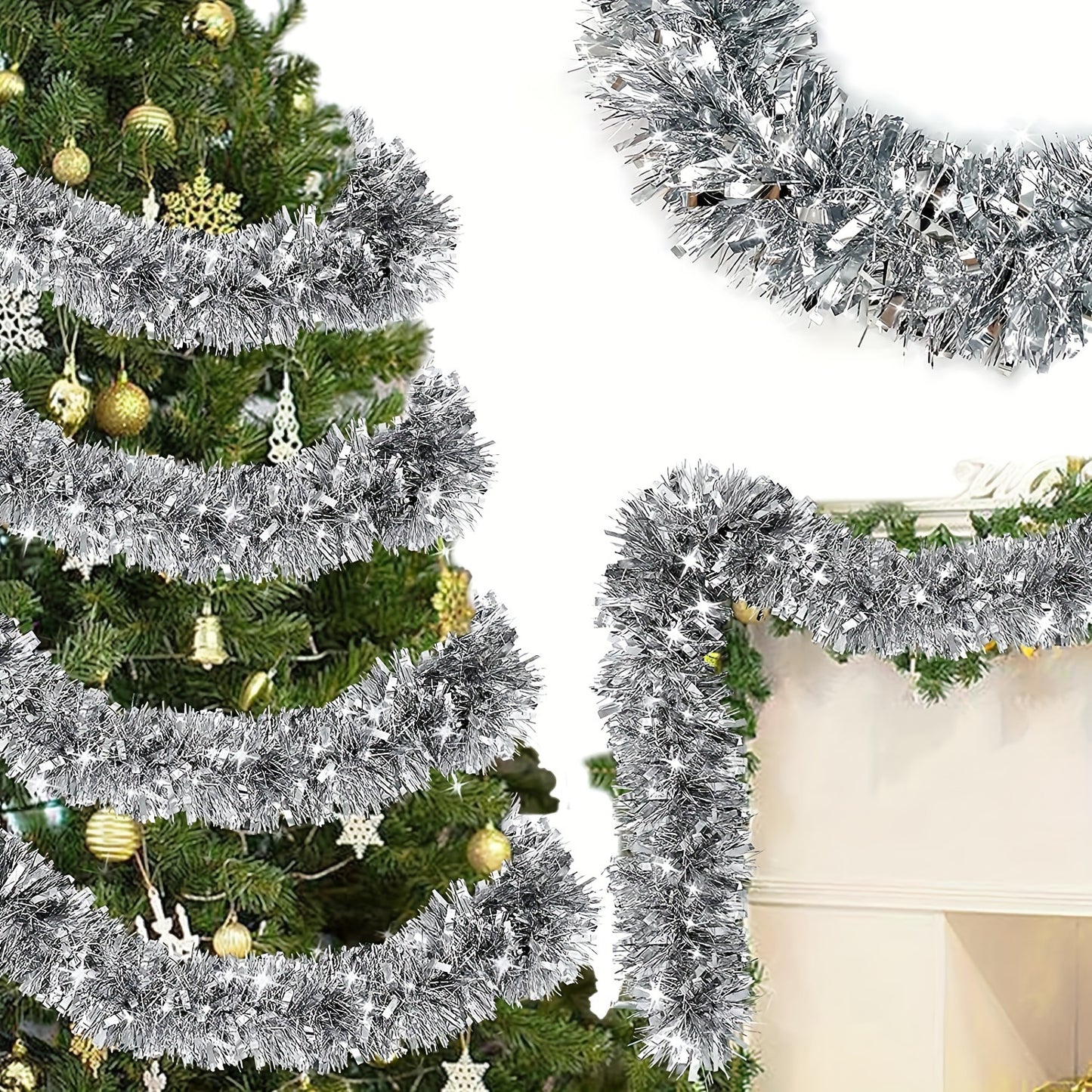 2-Pack of Plastic Tinsel Garlands for Christmas Decor, Suitable for Indoor and Outdoor Use