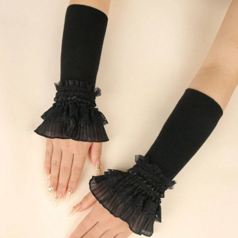 Hand wash only, these Women's Fashion Elastic Fingerless Arm Warmers feature a double-layer lace knit cuff and polyester stretch gloves for casual wear.