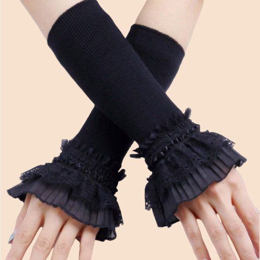 Hand wash only, these Women's Fashion Elastic Fingerless Arm Warmers feature a double-layer lace knit cuff and polyester stretch gloves for casual wear.