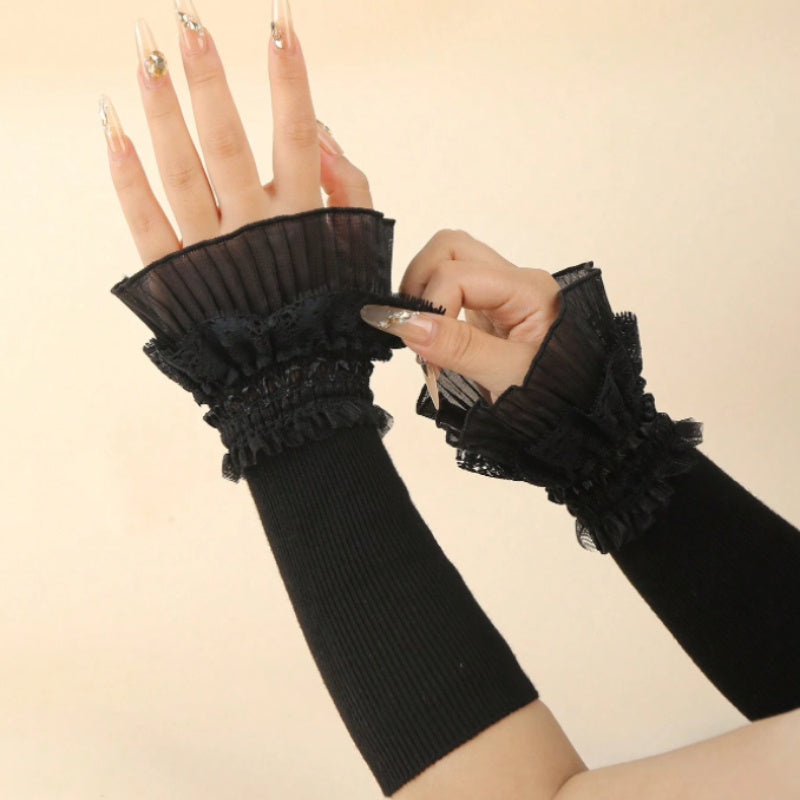 Hand wash only, these Women's Fashion Elastic Fingerless Arm Warmers feature a double-layer lace knit cuff and polyester stretch gloves for casual wear.