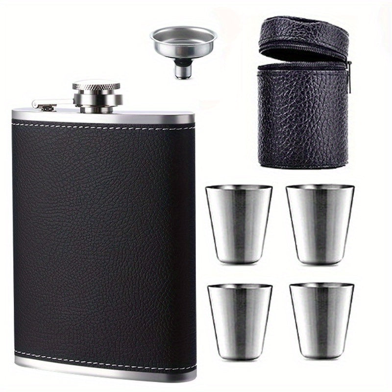 Stainless steel portable outdoor wine pot with Russian leather bottles.