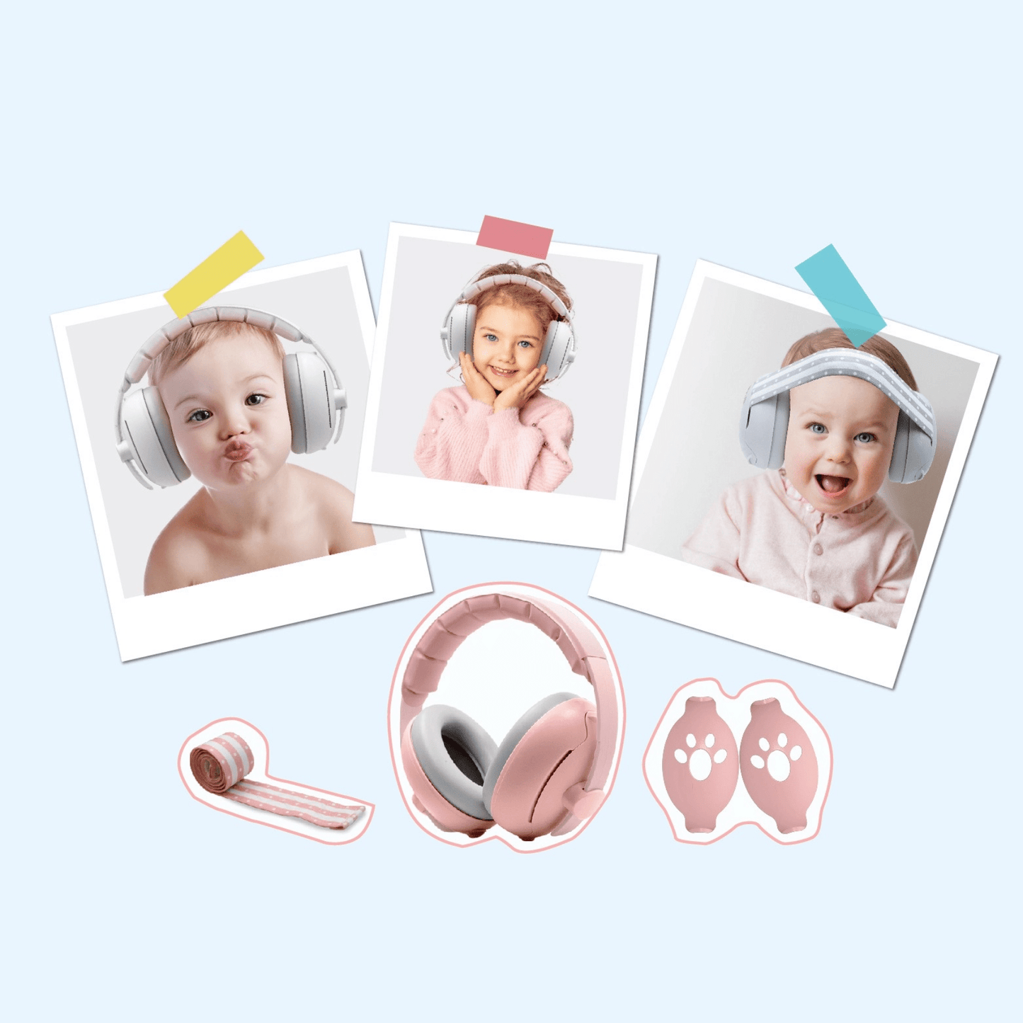 Kids can enjoy 2-in-1 EarMuffs designed for Noise-Canceling & Kids-Safe Protection in White, Pink, or Blue.