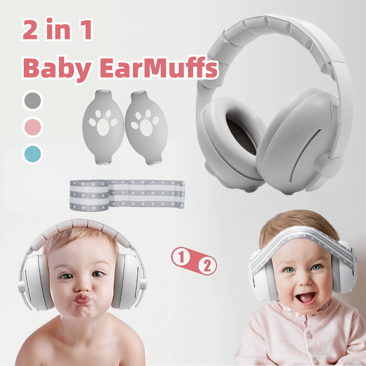 Kids can enjoy 2-in-1 EarMuffs designed for Noise-Canceling & Kids-Safe Protection in White, Pink, or Blue.