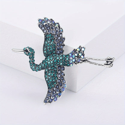 Chic Crane Brooch Pin adorned with Rhinestones - Perfect Lapel Accessory for Retro Fashion Enthusiasts. Ideal for Suits, Coats, and Dresses.