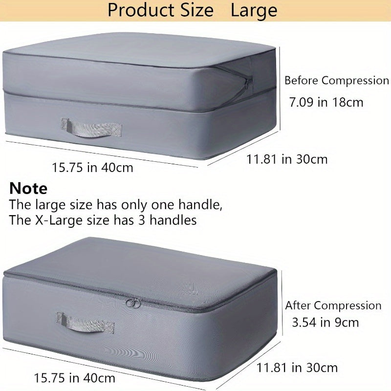 Large Gray Compression Storage Bags - 4 Pack, Space-Saving Organizer for Clothes & Bedding with Strong Metal Zippers, Handles, and Water-Resistant Fabric - Perfect for Closet Organization and Maximizing Storage Space