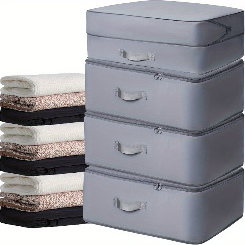 Large Gray Compression Storage Bags - 4 Pack, Space-Saving Organizer for Clothes & Bedding with Strong Metal Zippers, Handles, and Water-Resistant Fabric - Perfect for Closet Organization and Maximizing Storage Space